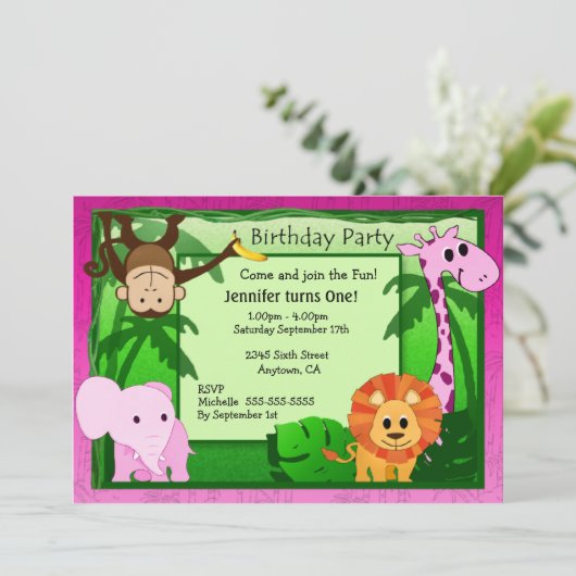 Roze Oerwoud thema Kinderen van Birthday Uitnodigi Kaart (Staand voorkant)