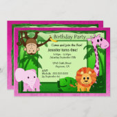 Roze Oerwoud thema Kinderen van Birthday Uitnodigi Kaart (Voorkant / Achterkant)