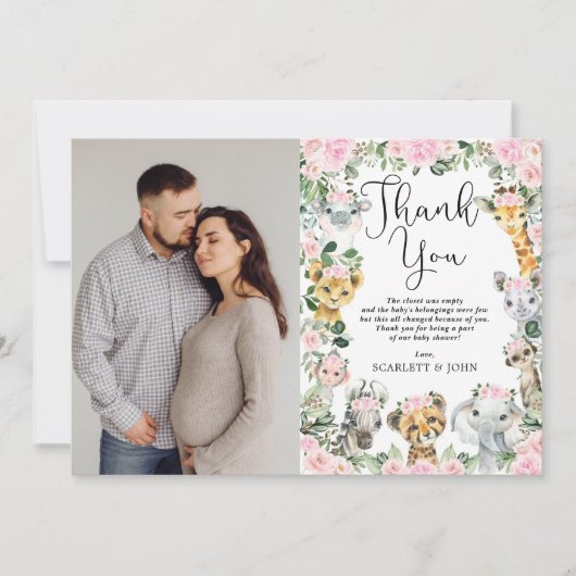 Roze Oerwoud Wilde Dieren Baby shower Foto Bedankkaart (Voorkant)