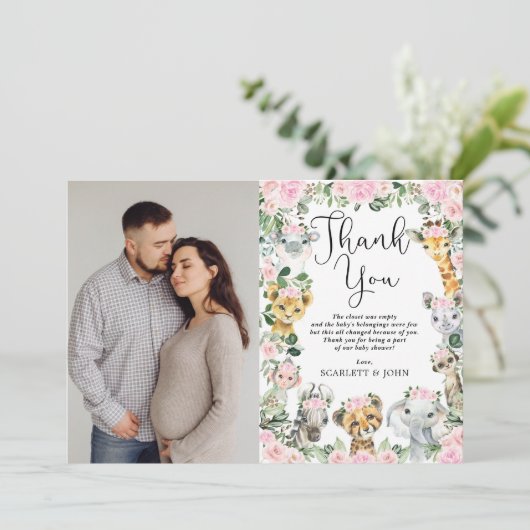 Roze Oerwoud Wilde Dieren Baby shower Foto Bedankkaart (Staand voorkant)