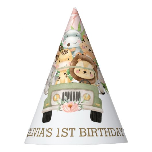 Roze Oerwouden Safari Birthday Feesthoedjes (Voorkant)
