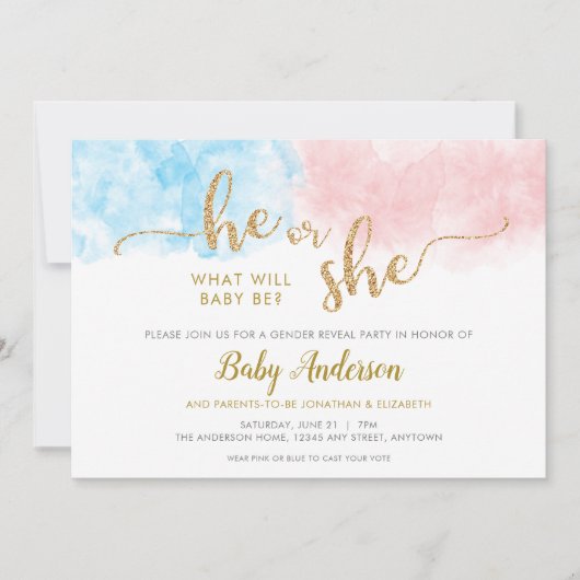 Roze of Blauw Glitter Genderonderzoek Uitnodiging (Voorkant)