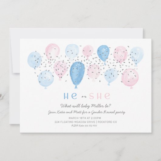 Roze of Blauw modern Balloon pop gender reveal Kaart (Voorkant)