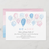 Roze of Blauw modern Balloon pop gender reveal Kaart (Voorkant / Achterkant)