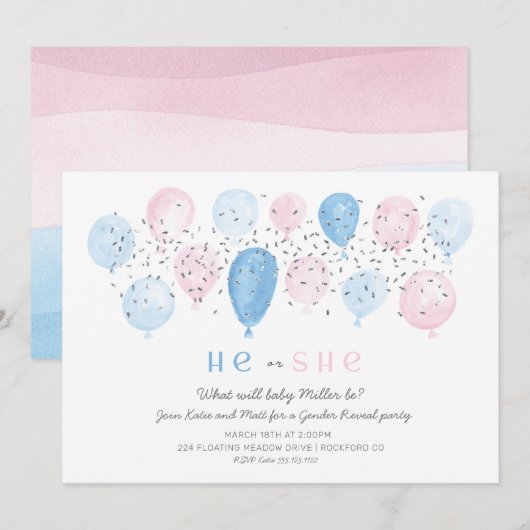 Roze of Blauw modern Balloon pop gender reveal Kaart (Voorkant / Achterkant)