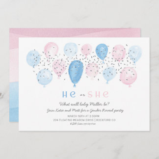 Roze of Blauw modern Balloon pop gender reveal Kaart