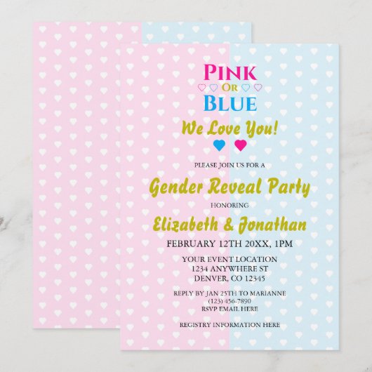 Roze of blauw, we houden van je! Geslacht Kaart (Voorkant / Achterkant)