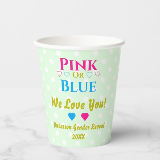 Roze of blauw, we houden van je! Geslacht Papieren Bekers (Voorkant)