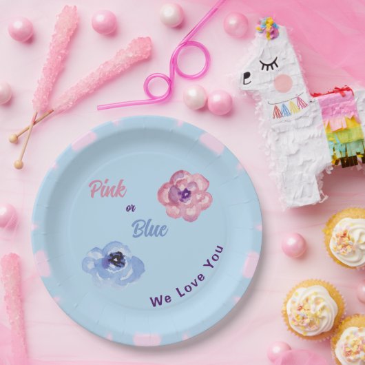 Roze of Blauw We Love You Waterverf Flowers Papieren Bordje (Feest)