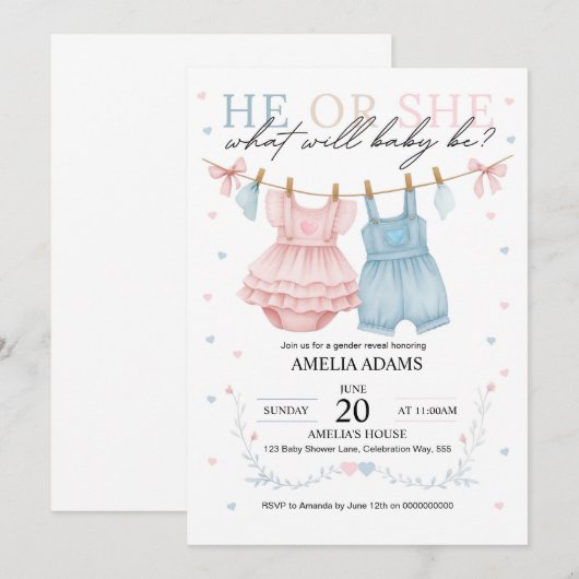 Roze of blauwe babykleding Geslacht onthullen Uitn Kaart (Voorkant / Achterkant)