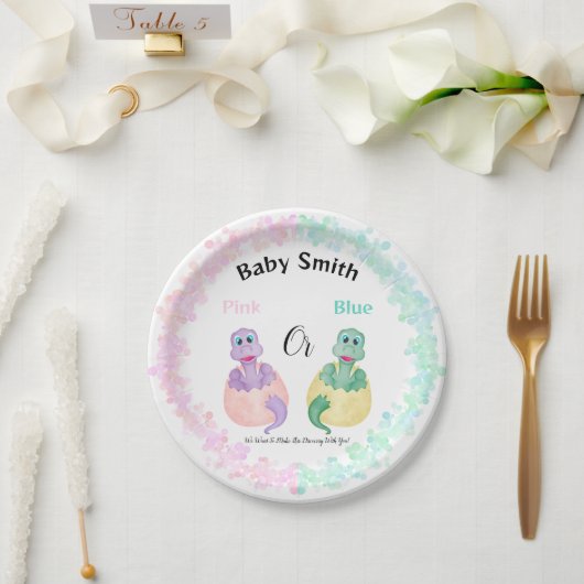 Roze of blauwe dinosaur Baby shower Papieren Bordje (Huwelijk)