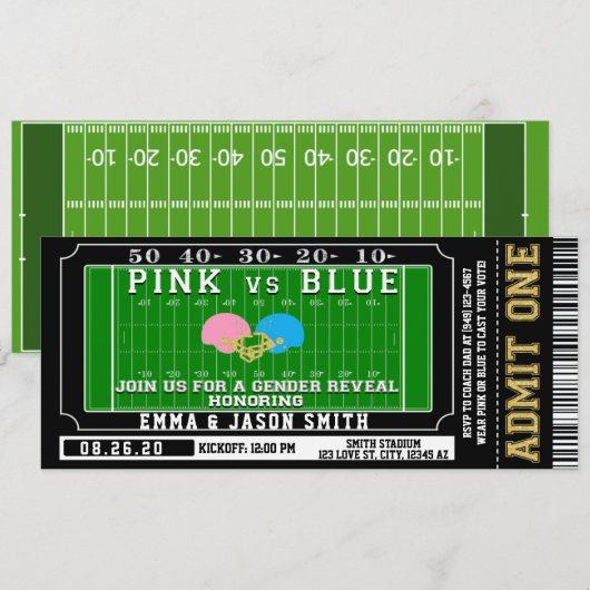Roze of blauwe Football Ticket Baby Kaart (Voorkant / Achterkant)