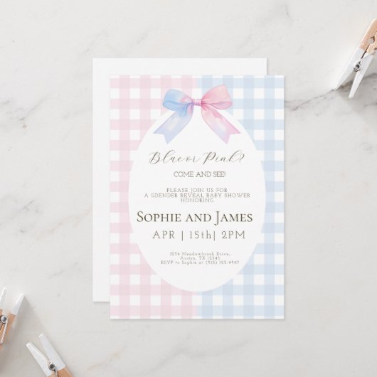 Roze of Blauwe Geslacht Onthullen Baby shower Uitn Kaart (Voorkant / Achterkant in situ)