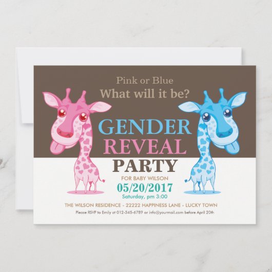 Roze of Blauwe Giraffe Gender Reveal Party RSVP Kaart (Voorkant)