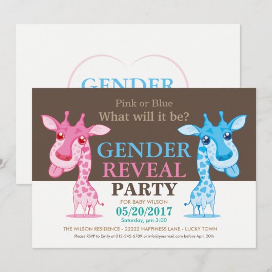 Roze of Blauwe Giraffe Gender Reveal Party RSVP Kaart (Voorkant / Achterkant)