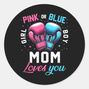 Roze of blauwe moeder houdt van je boksen geslacht ronde sticker
