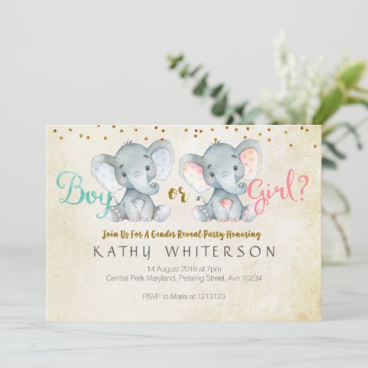 Roze of blauwe olifant gender reveal uitnodiging (Staand voorkant)