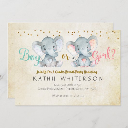 Roze of blauwe olifant gender reveal uitnodiging (Voorkant / Achterkant)