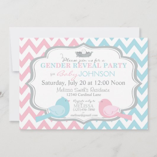 Roze of blauwe vogels en Chevron Gender onthulling Kaart (Achterkant)
