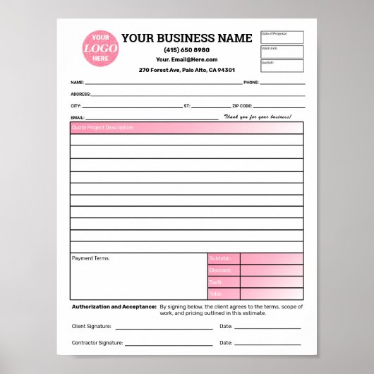 Roze offerte offerte offerteformulier voor aanneme poster (Voorkant)