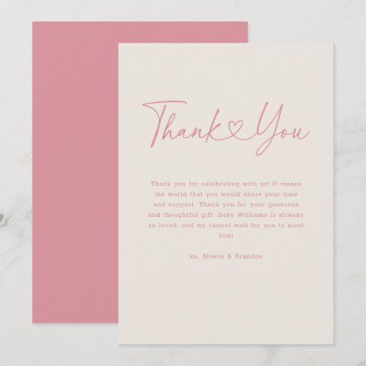 Roze Oh Baby Hart Kalligrafie Eenvoudig Baby showe Bedankkaart (Voorkant / Achterkant)