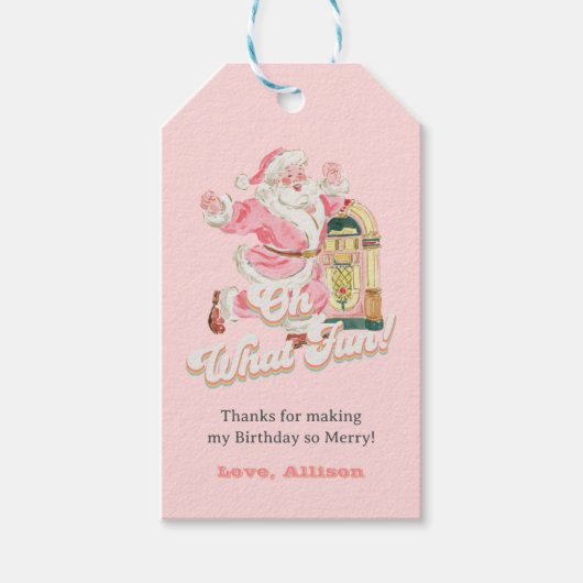 Roze Oh Wat Leuk, Retro Groovy Kerstman Verjaardag Cadeaulabel (Voorkant)