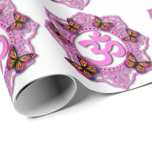 Roze ohm mandala design met Monarch butterflies Cadeaupapier (Rol Hoek)