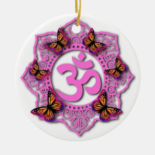 Roze ohm mandala design met Monarch butterflies Keramisch Ornament (Voorkant)