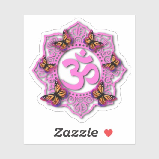 Roze ohm mandala-design met paarse vlinders sticker (Vel)
