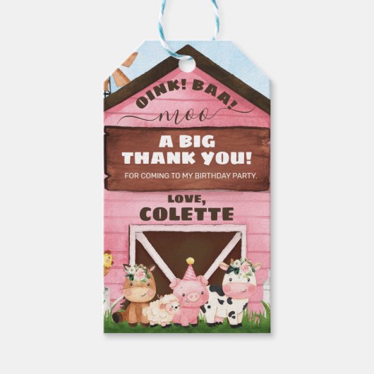 Roze Oink Baa Moo Boerderij Birthday Dank je Cadeaulabel (Voorkant)