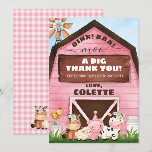 Roze Oink Baa Moo Boerderij Birthday Dank je wel Kaart (Voorkant / Achterkant)