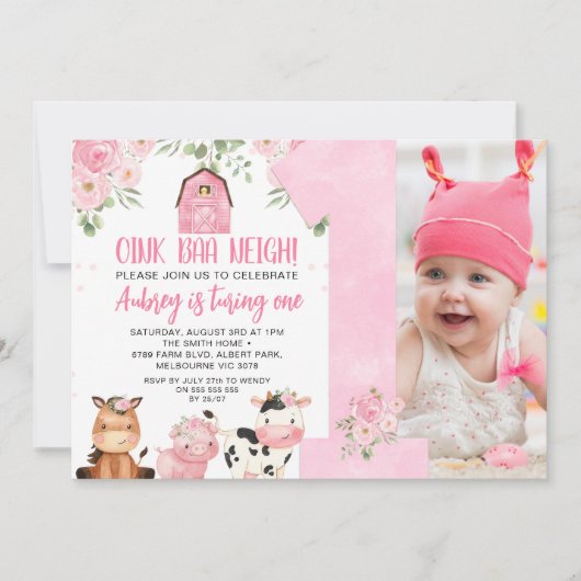 Roze Oink Baa Neigh Meisjes 1e Verjaardag Uitnodig Kaart (Voorkant)