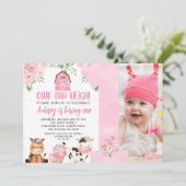 Roze Oink Baa Neigh Meisjes 1e Verjaardag Uitnodig Kaart (Staand voorkant)