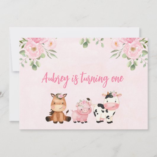 Roze Oink Baa Neigh Meisjes 1e Verjaardag Uitnodig Kaart (Achterkant)