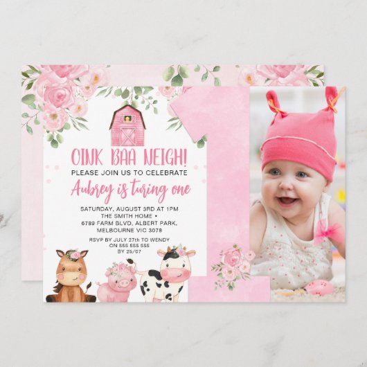 Roze Oink Baa Neigh Meisjes 1e Verjaardag Uitnodig Kaart (Voorkant / Achterkant)