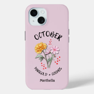 Roze OKTOBER Geboorte Maand Bloem Aangepaste naam iPhone 15 Case