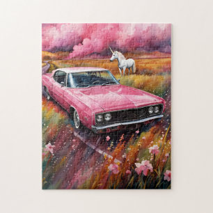 Roze Oldtimer Auto en een Eenhoorn in een Weiland Legpuzzel