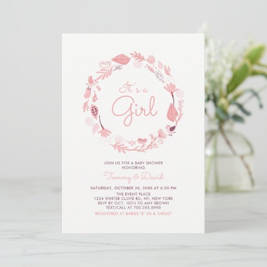 Roze olie | Uitnodiging tot Baby shower van Cute G (Staand voorkant)