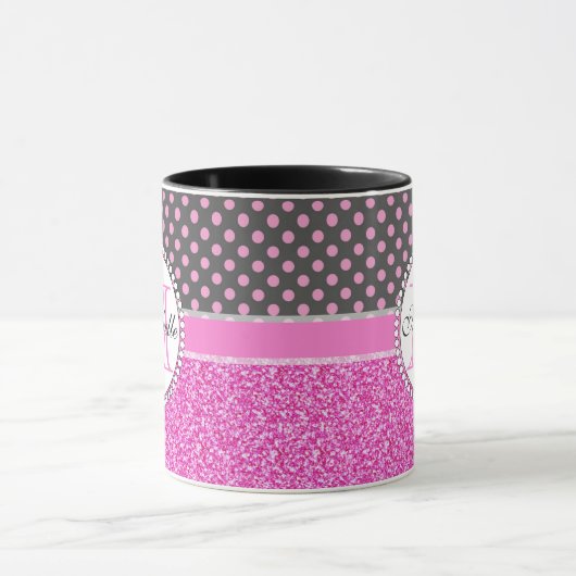 Roze olietjes en roze pokadots op grijs genaamd mok (Midden)