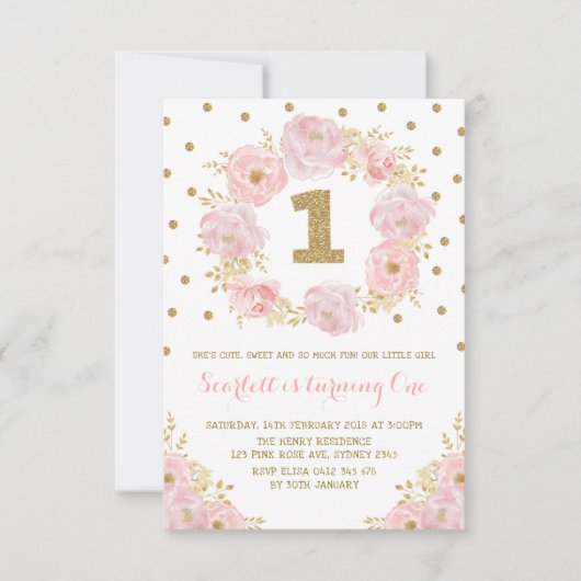  roze olieval 1e eerste verjaardag kaart (Voorkant)