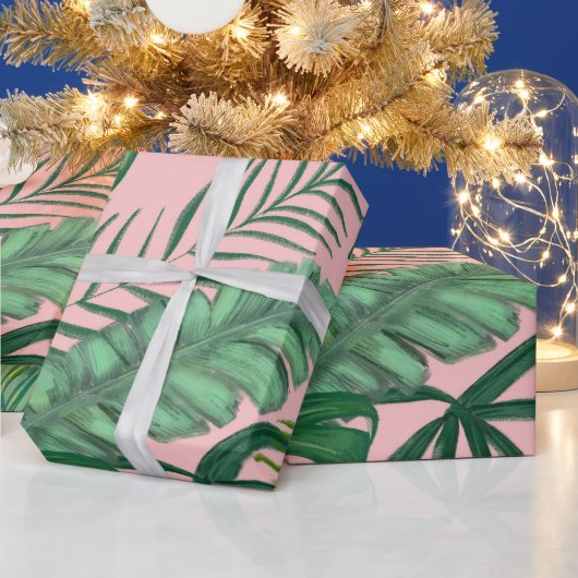 Roze olievlek Tropische Monstera Leaves Cadeaupapier (Feestdagen)