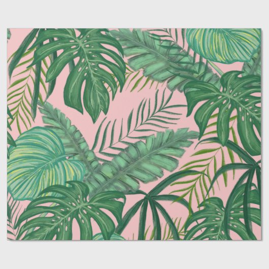 Roze olievlek Tropische Monstera Leaves Cadeaupapier (Vlak)