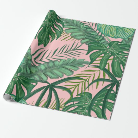 Roze olievlek Tropische Monstera Leaves Cadeaupapier (Uitgerold)
