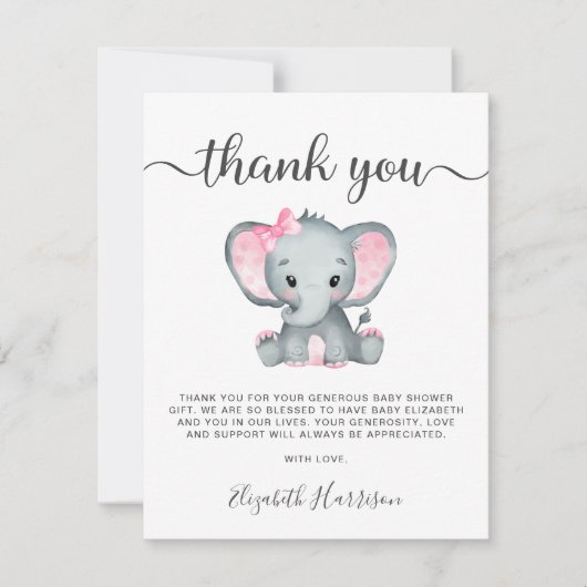Roze olifant Baby Girl Shower Bedankkaart (Voorkant)