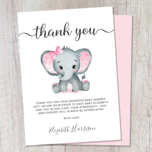 Roze olifant Baby Girl Shower Bedankt voor je cred Kaart