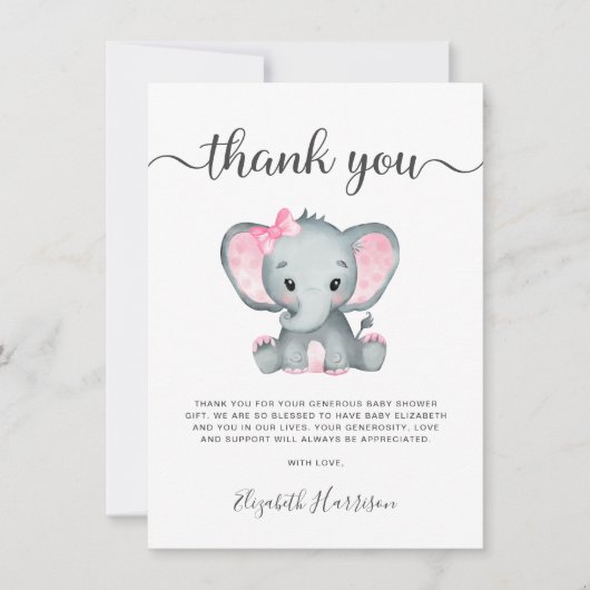 Roze olifant Baby Girl Shower Bedankt voor je cred Kaart (Voorkant)