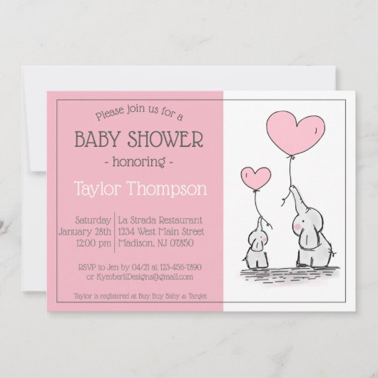 Roze Olifant Baby hart ballon Douche Uitnodiging (Voorkant)