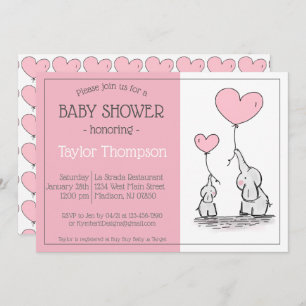 Roze Olifant Baby hart ballon Douche Uitnodiging