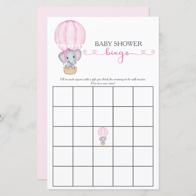 Roze Olifant Baby Meisje Douche Bingo Game (Voorkant / Achterkant)