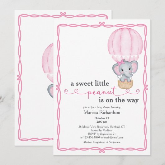 Roze Olifant Baby Meisje Douche Uitnodiging (Voorkant / Achterkant)